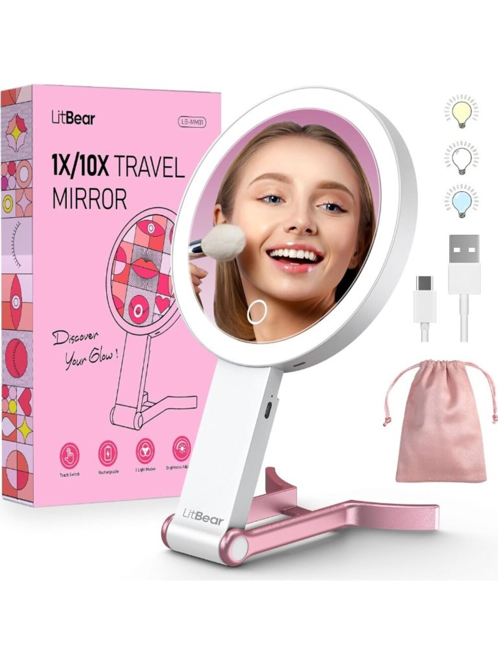 Portable Lighted Makeup Mirror with 10X/1X Magnification, Dimmable Touch Screen